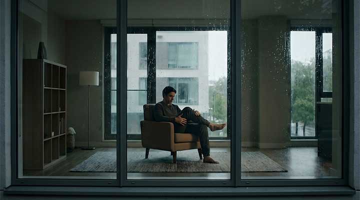 Homme confortablement installé dans son appartement aux grandes baies vitrées